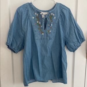 Light Wash Chambray Peasant Top with Floral Embroidery